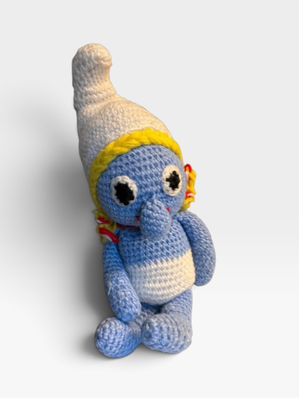Vintage Handmade Crochet Girl Doll Smurfette Inspired Yarn Plush 15” Folk Art